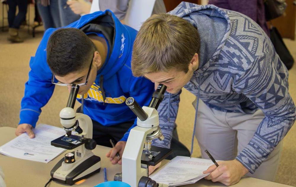 Students looking in microscope